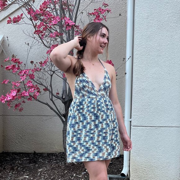 Handmade Crochet Halter Backless Dress
